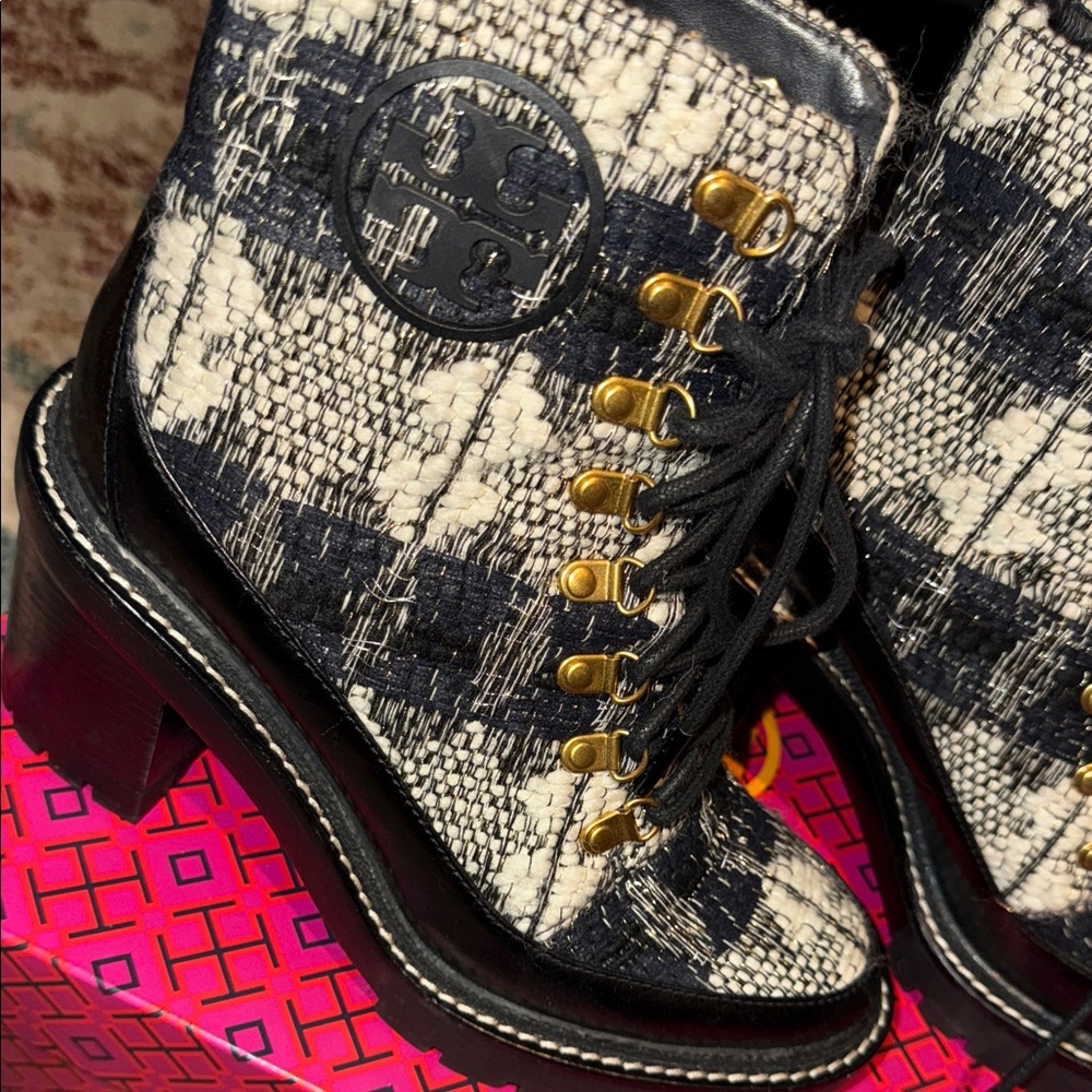 Tory Burch Black and Cream Lace-Up Boots - Picture 2 of 5